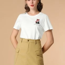Allegra K Women's Summer Casual Short Sleeve Crew Neck Cartoon Cat Pet Print T-shirt
