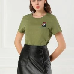 Allegra K Women's Summer Casual Short Sleeve Crew Neck Cartoon Cat Pet Print T-shirt