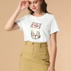 Allegra K Women's Summer Casual Short Sleeve Crew Neck Cartoon Cat Pet Print T-shirt