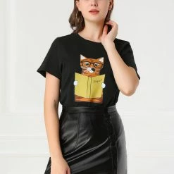 Allegra K Women's Summer Casual Short Sleeve Crew Neck Cartoon Cat Pet Print T-shirt
