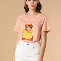 Allegra K Women's Summer Casual Short Sleeve Crew Neck Cartoon Cat Pet Print T-shirt