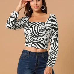 Allegra K Women's Zebra Printed Long Sleeves Square Neck Tie Waist Crop Top 11 Allegra K Women's Zebra Printed Long Sleeves Square Neck Tie Waist Crop Top
