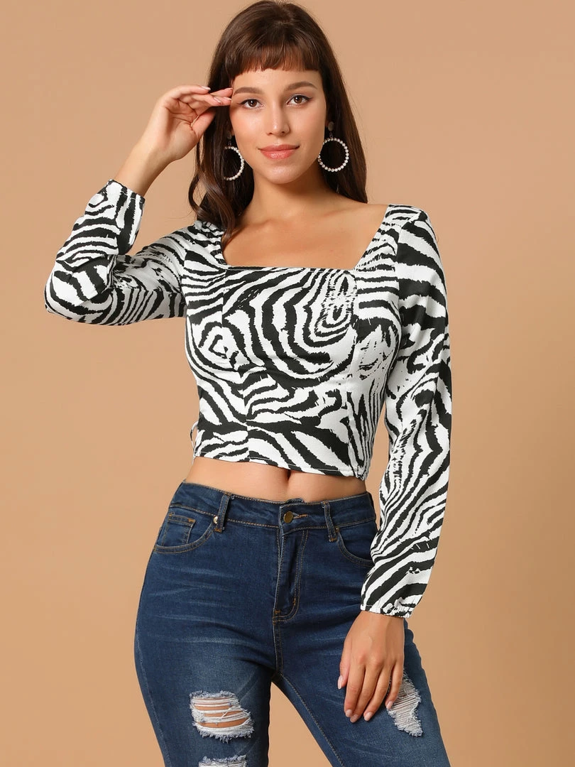 Allegra K Women's Zebra Printed Long Sleeves Square Neck Tie Waist Crop Top 5 Allegra K Women's Zebra Printed Long Sleeves Square Neck Tie Waist Crop Top