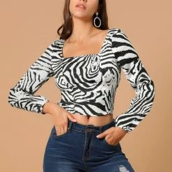 Allegra K Women's Zebra Printed Long Sleeves Square Neck Tie Waist Crop Top 12 Allegra K Women's Zebra Printed Long Sleeves Square Neck Tie Waist Crop Top
