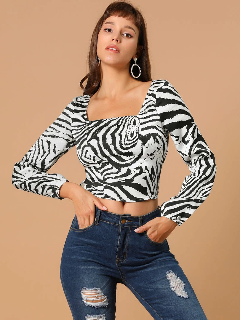 Allegra K Women's Zebra Printed Long Sleeves Square Neck Tie Waist Crop Top 6 Allegra K Women's Zebra Printed Long Sleeves Square Neck Tie Waist Crop Top