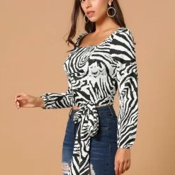 Allegra K Women's Zebra Printed Long Sleeves Square Neck Tie Waist Crop Top 13 Allegra K Women's Zebra Printed Long Sleeves Square Neck Tie Waist Crop Top