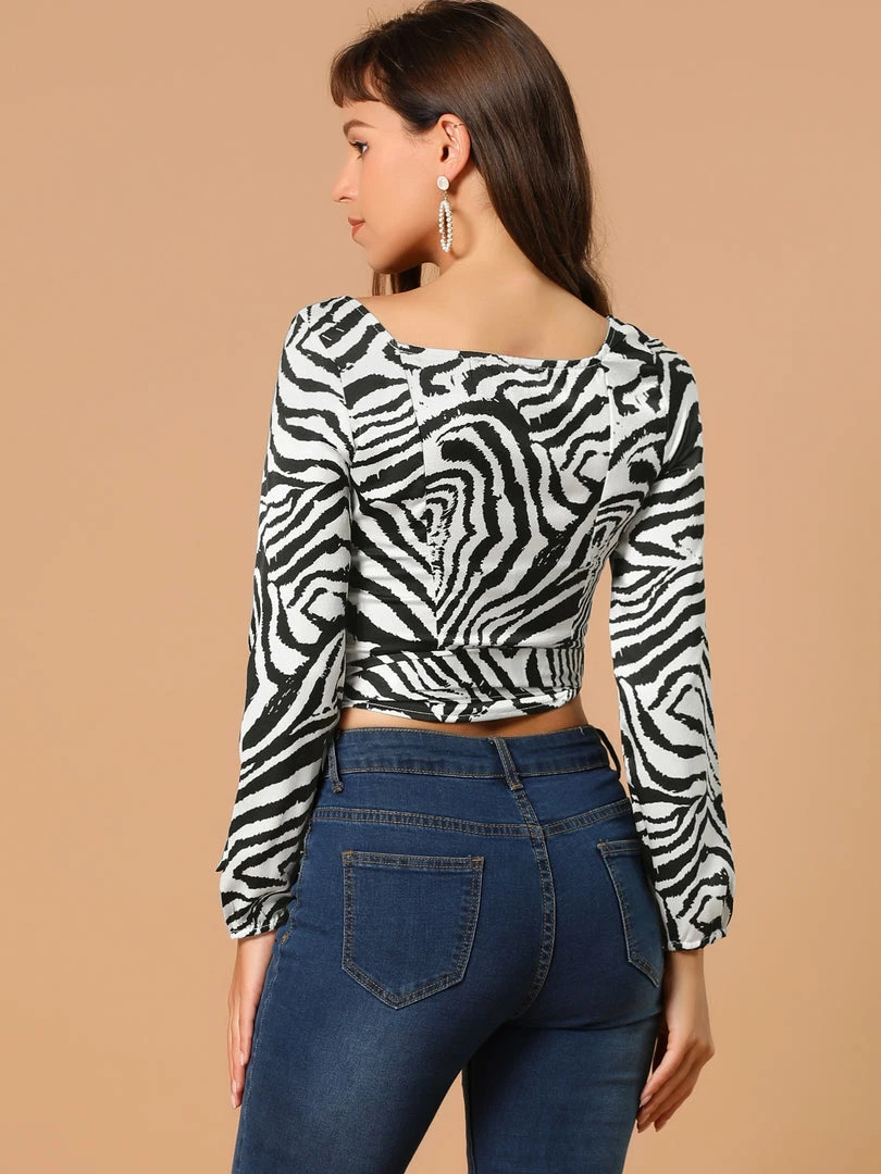 Allegra K Women's Zebra Printed Long Sleeves Square Neck Tie Waist Crop Top 8 Allegra K Women's Zebra Printed Long Sleeves Square Neck Tie Waist Crop Top