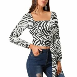 Allegra K Women's Zebra Printed Long Sleeves Square Neck Tie Waist Crop Top