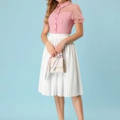 Allegra K Women's Mesh Panel Top Bubble Short Sleeve Point Collar Blouse