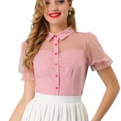 Allegra K Women's Mesh Panel Top Bubble Short Sleeve Point Collar Blouse