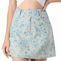 Allegra K Women's Daisy Floral Pockets A-Line Mini Denim Skirts