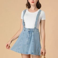 Allegra K Women's Washed Cotton Button Front Casual Mini Suspender Skirt