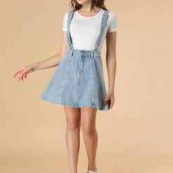 Allegra K Women's Washed Cotton Button Front Casual Mini Suspender Skirt