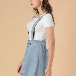 Allegra K Women's Washed Cotton Button Front Casual Mini Suspender Skirt