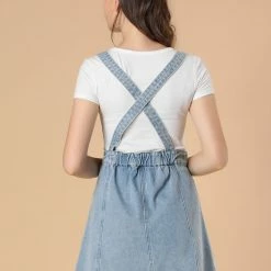 Allegra K Women's Washed Cotton Button Front Casual Mini Suspender Skirt