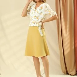 Allegra K Women's Wrap Peplum Top Tie Waist Ruffle Floral V Neck Belted Blouse