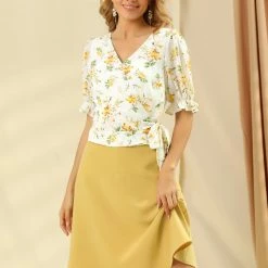Allegra K Women's Wrap Peplum Top Tie Waist Ruffle Floral V Neck Belted Blouse