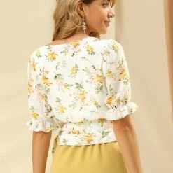 Allegra K Women's Wrap Peplum Top Tie Waist Ruffle Floral V Neck Belted Blouse