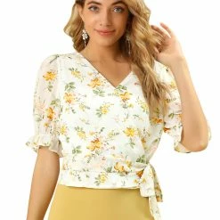 Allegra K Women's Wrap Peplum Top Tie Waist Ruffle Floral V Neck Belted Blouse