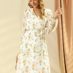 Allegra K Women's Boho Floral V Neck Bishop Long Sleeve Beach Below The Knee Wrap Dress 22 Allegra K Women's Boho Floral V Neck Bishop Long Sleeve Beach Below The Knee Wrap Dress