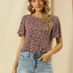 Allegra K Women's Floral Butterfly Short Sleeve Round Neck Casual Chiffon Blouse Tops