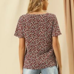 Allegra K Women's Floral Butterfly Short Sleeve Round Neck Casual Chiffon Blouse Tops