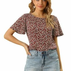 Allegra K Women's Floral Butterfly Short Sleeve Round Neck Casual Chiffon Blouse Tops