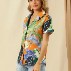 Allegra K Women's Hawaiian Floral Leaves Printed Shirt Short Sleeve Button Down Vintage Beach Top Blouse