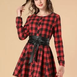 Allegra K 2098 Women Plaids Long Sleeves Belted Mini A Line Shirt Dress