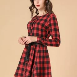 Allegra K 2098 Women Plaids Long Sleeves Belted Mini A Line Shirt Dress