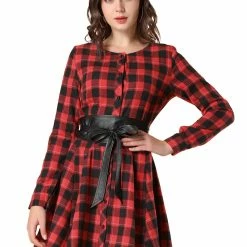 Allegra K 2098 Women Plaids Long Sleeves Belted Mini A Line Shirt Dress
