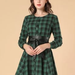Allegra K 2098 Women Plaids Long Sleeves Belted Mini A Line Shirt Dress