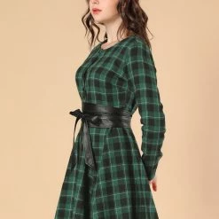 Allegra K 2098 Women Plaids Long Sleeves Belted Mini A Line Shirt Dress