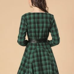 Allegra K 2098 Women Plaids Long Sleeves Belted Mini A Line Shirt Dress