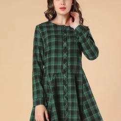 Allegra K 2098 Women Plaids Long Sleeves Belted Mini A Line Shirt Dress