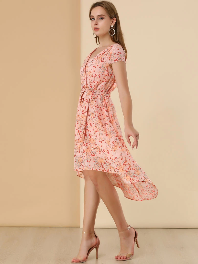 Allegra K Women's Floral V Neck Cap Sleeves Belted Asymmetrical Valentine's Day Dress 5 Allegra K Women's Floral V Neck Cap Sleeves Belted Asymmetrical Valentine's Day Dress