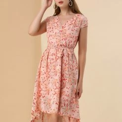 Allegra K Women's Floral V Neck Cap Sleeves Belted Asymmetrical Valentine's Day Dress 13 Allegra K Women's Floral V Neck Cap Sleeves Belted Asymmetrical Valentine's Day Dress