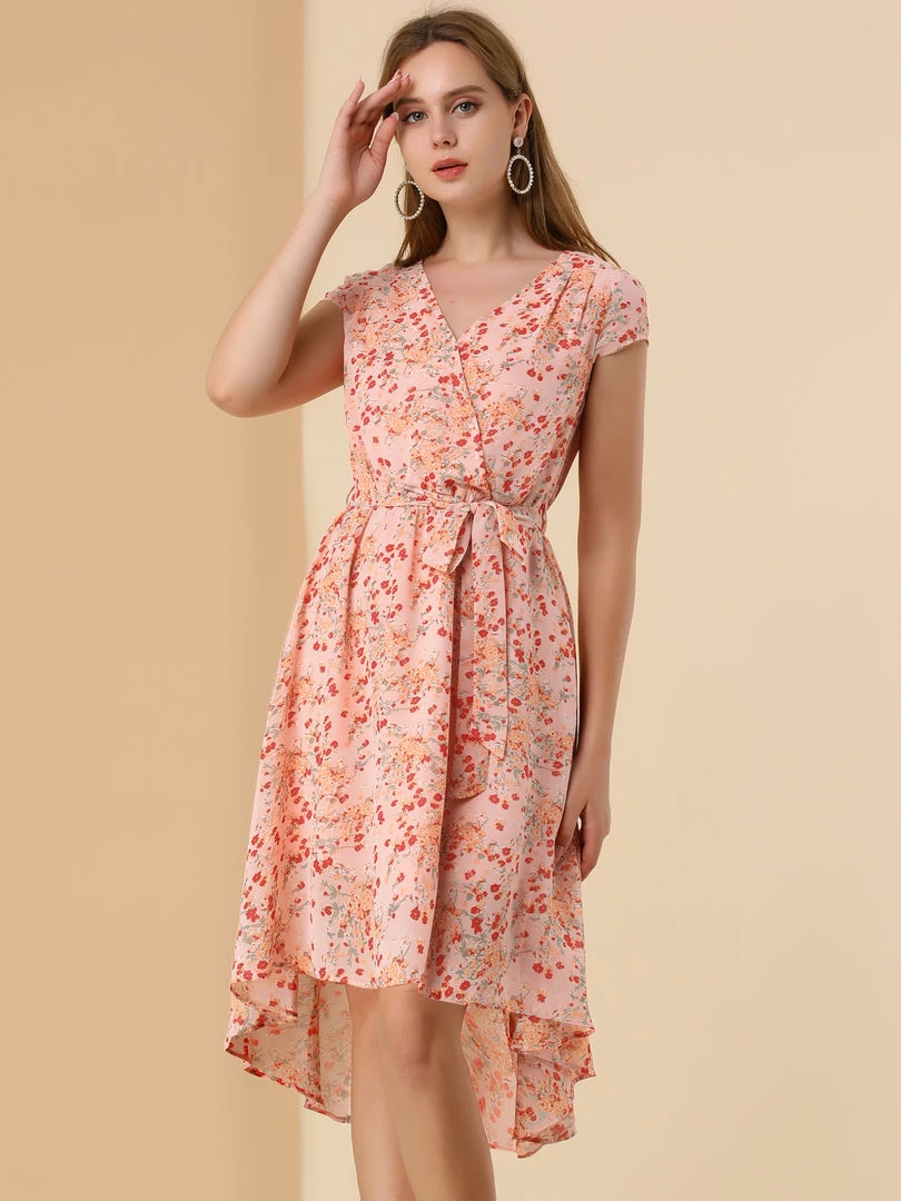 Allegra K Women's Floral V Neck Cap Sleeves Belted Asymmetrical Valentine's Day Dress 7 Allegra K Women's Floral V Neck Cap Sleeves Belted Asymmetrical Valentine's Day Dress
