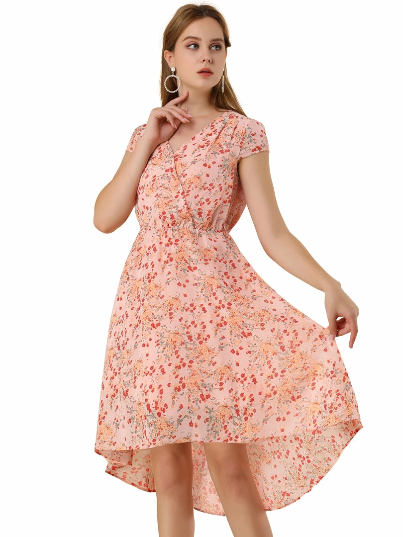 Allegra K Women's Floral V Neck Cap Sleeves Belted Asymmetrical Valentine's Day Dress 4 Allegra K Women's Floral V Neck Cap Sleeves Belted Asymmetrical Valentine's Day Dress