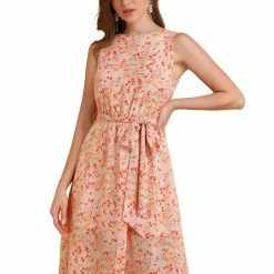 Allegra K Women's Sleeveless A-Line Dresses Elastic Waist Belted Floral Print Chiffon Dress