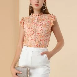 Allegra K Casual Button Front Shirt Ruffle Collar Short Sleeve Floral Top Women