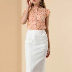 Allegra K Casual Button Front Shirt Ruffle Collar Short Sleeve Floral Top Women