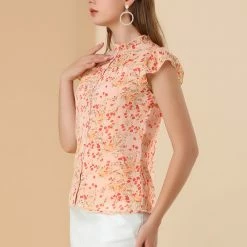 Allegra K Casual Button Front Shirt Ruffle Collar Short Sleeve Floral Top Women