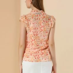 Allegra K Casual Button Front Shirt Ruffle Collar Short Sleeve Floral Top Women