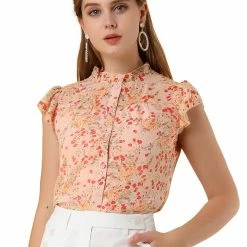 Allegra K Casual Button Front Shirt Ruffle Collar Short Sleeve Floral Top Women