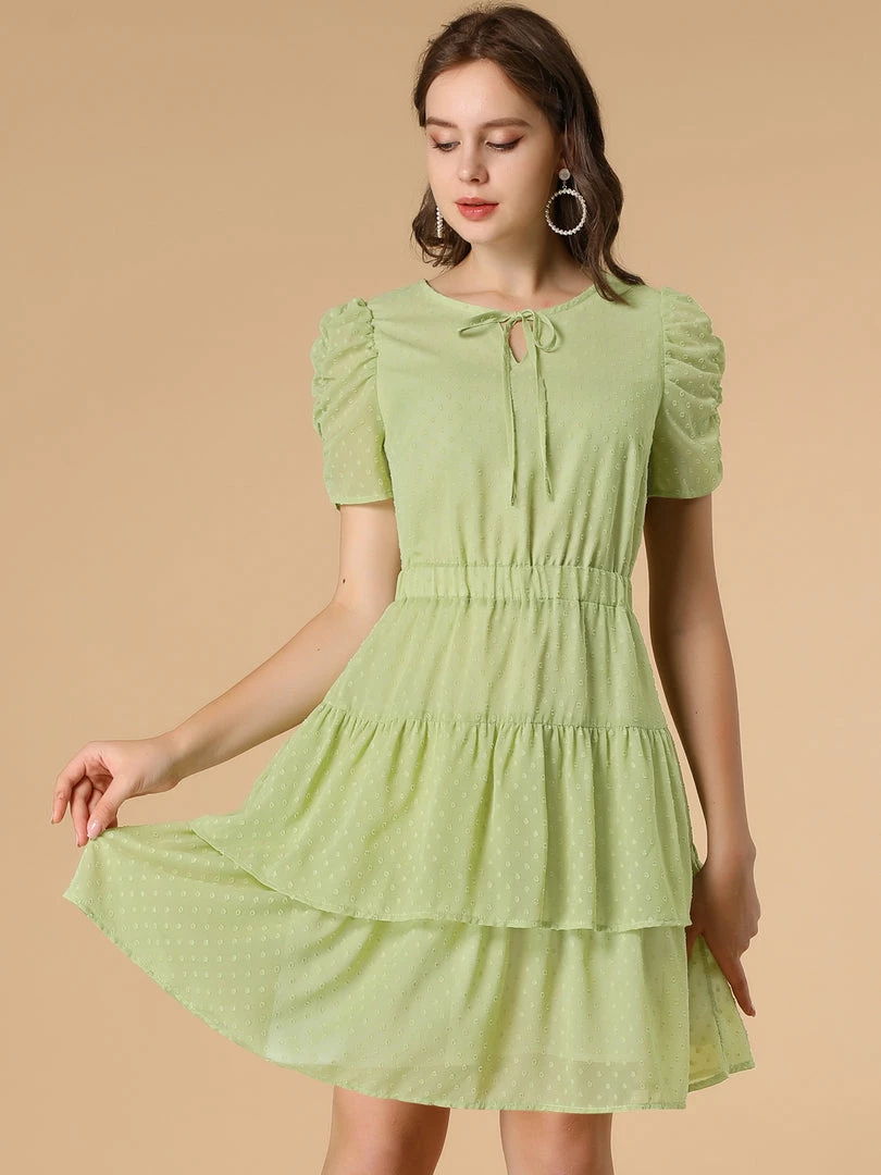 Allegra K Women's Swiss Dots Dresses Ruched Short Sleeve Layer Ruffle Hem Dress 5 Allegra K Women's Swiss Dots Dresses Ruched Short Sleeve Layer Ruffle Hem Dress