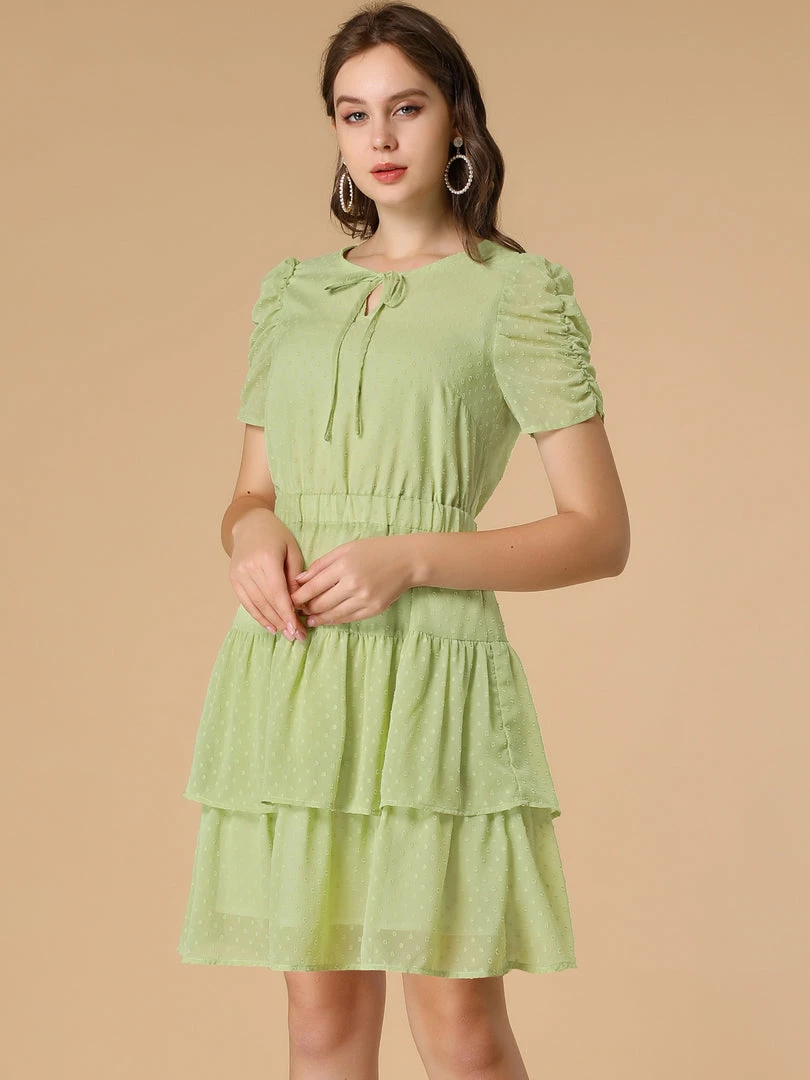 Allegra K Women's Swiss Dots Dresses Ruched Short Sleeve Layer Ruffle Hem Dress 6 Allegra K Women's Swiss Dots Dresses Ruched Short Sleeve Layer Ruffle Hem Dress