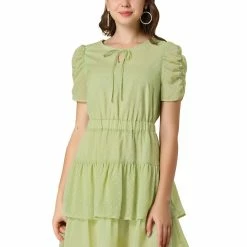 Allegra K Women's Swiss Dots Dresses Ruched Short Sleeve Layer Ruffle Hem Dress