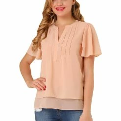 Allegra K Women's Chiffon Top Butterfly Sleeves Loose Casual Pintuck Blouse