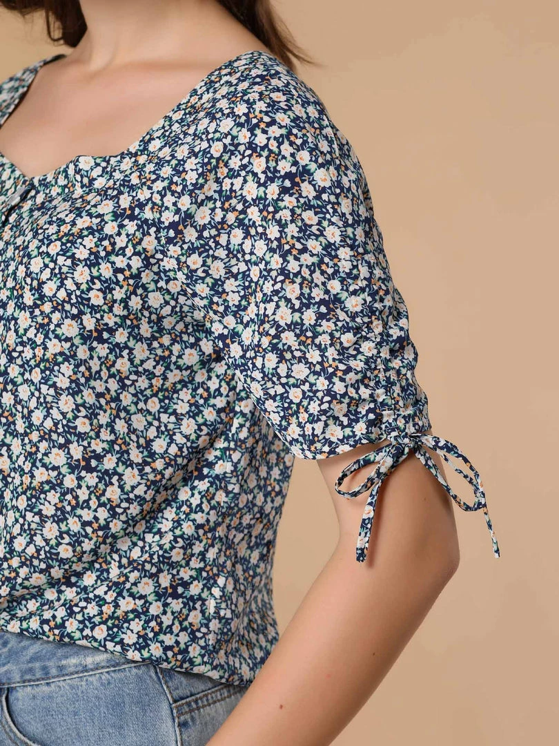 Allegra K Women's Sweetheart Neck Tie Cuff Button Up Dense Floral Blouse 5 Allegra K Women's Sweetheart Neck Tie Cuff Button Up Dense Floral Blouse